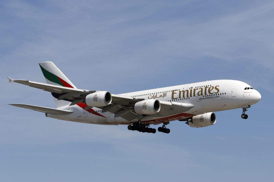 FILE - An Airbus A380 (A380-800) jetliner, operated by United Arab Emirates airline Emirates, lands at Toronto Pearson International Airport in Mississauga, Ontario on April 27, 2023.