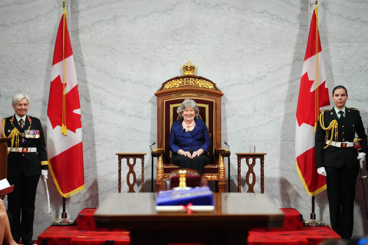 Governor General Louise Arbour smiles as she takes the throne after her oath in the Senate as she is installed as Canada's 31st Governor General in Ottawa on Monday, June 8, 2026.