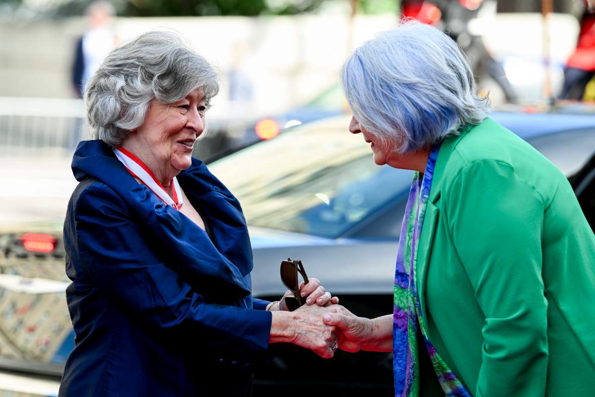 Gov. Gen. Louise Arbour, left, shakes hands with outgoing Gov. Gen. Mary Simon ahead of her installation ceremony at the Senate of Canada in Ottawa, on Monday, June 8, 2026.