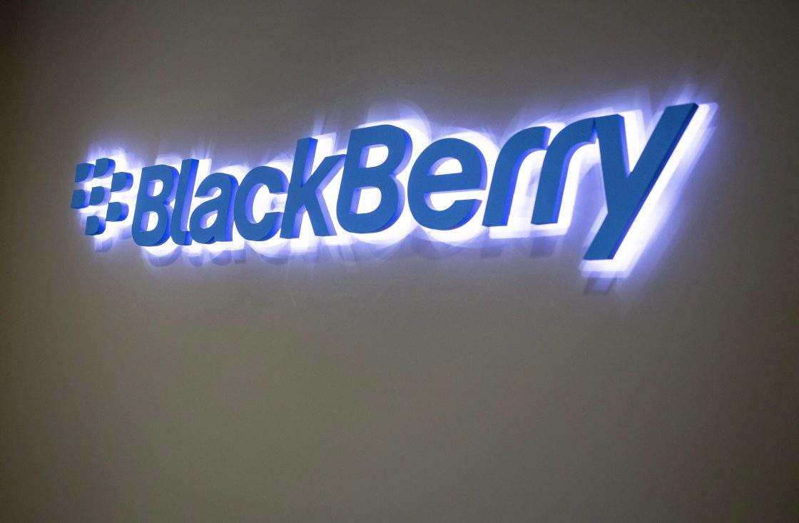 FILE - A BlackBerry logo is shown in Waterloo, Ont., on May 29, 2018.
