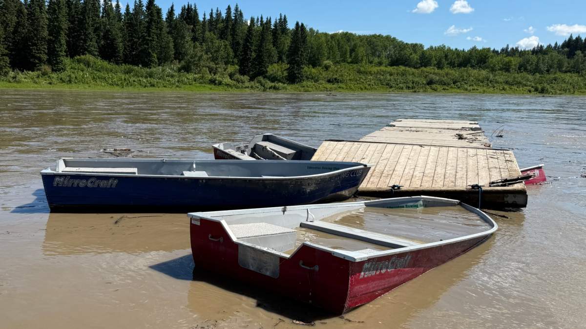 A dock and boats owned by the Edmonton Rowing Club was found several hundred kilometres downstream on the North Saskatchewan River near the town of Two Hills, Alta., on June 23, 2026.