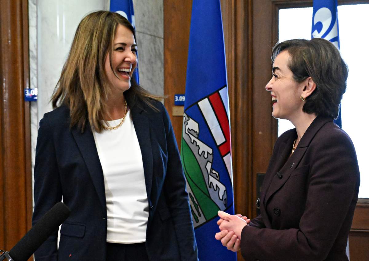 Alberta Premier Danielle Smith, left, is greeted by Quebec Premier Christine Frechette at the PremierÕs office in Quebec City Wednesday, June 3, 2026.