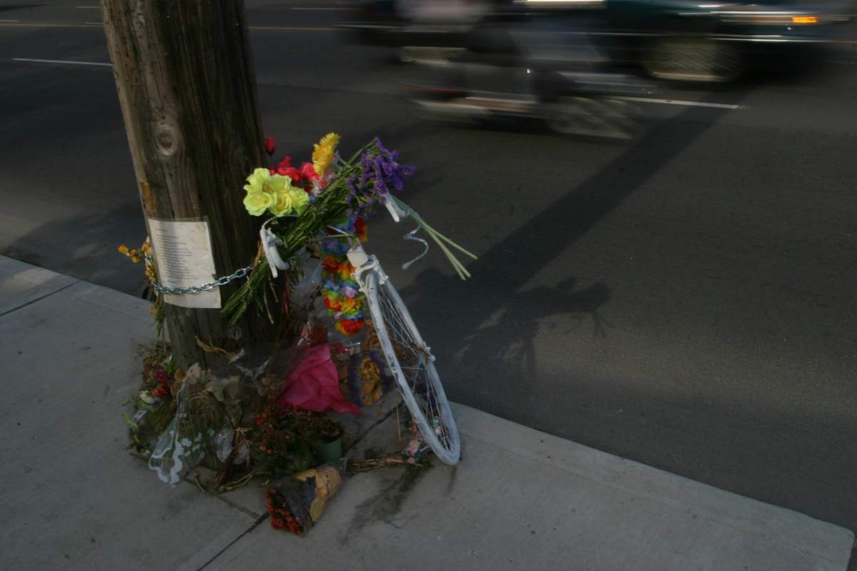 A 'ghost bike' is seen at the corner of Avenue Road and Cortleigh Blvd., on May 23, 2006. The white painted bike is in memory of a cyclist that was killed at the same spot.