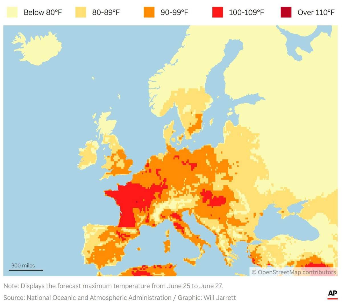 Map showing the forecast maximum temperatures from June 25-27 in Europe.