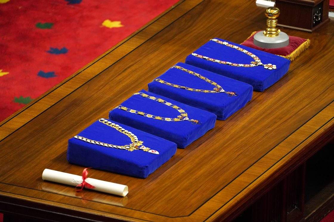 FILE – The Collars of Office are shown during the installation of Mary Simon as Governor General of Canada in Ottawa on Monday, July 26, 2021.