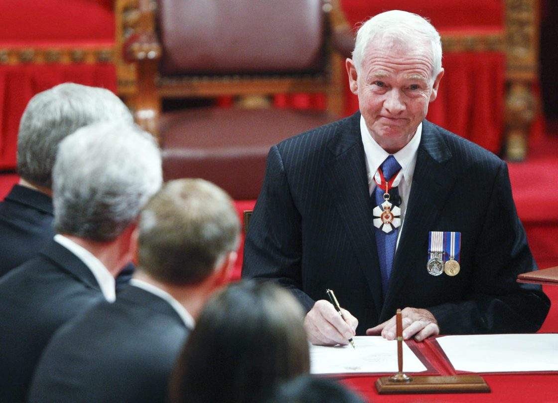 FILE – Governor General David Johnston signs the oath of office during the installation ceremony of the 28th Governor General in the Senate on Parliament Hill , Friday, Oct. 1, 2010, in Ottawa.