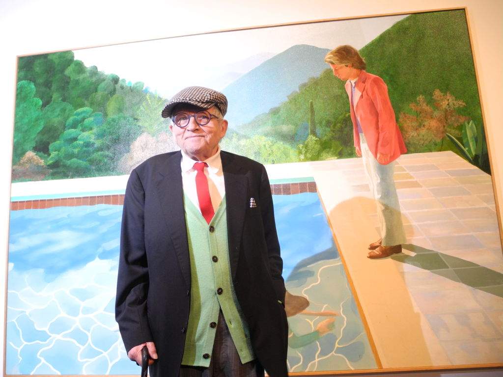 David Hockney standing in front of his "Portrait of an Artist (Pool with Two Figures)" painting at the Metropolitan Museum of Art in New York, USA, 20 November 2017.