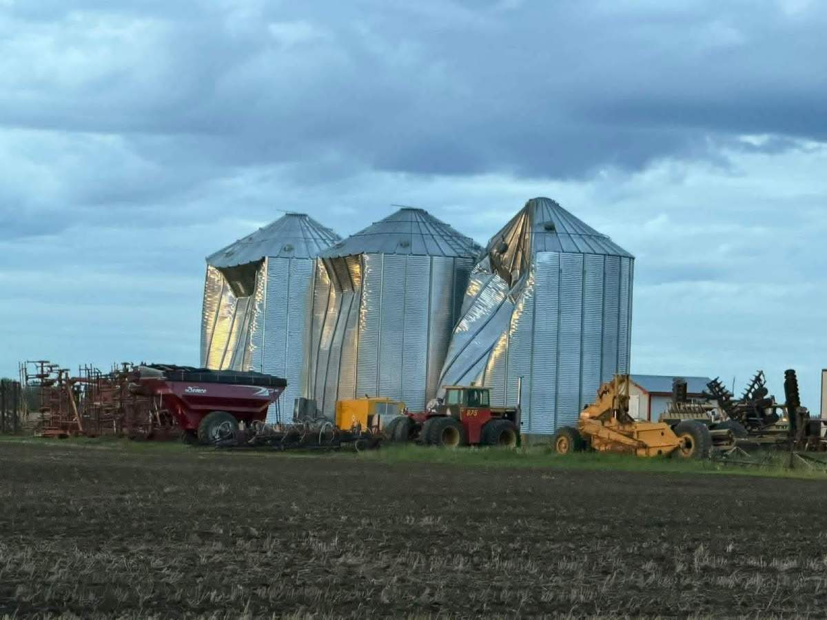 Damage from a landspout tornado and severe thunderstorm near Girouxville in the Peace River region of Alberta on Monday, June 15, 2026.