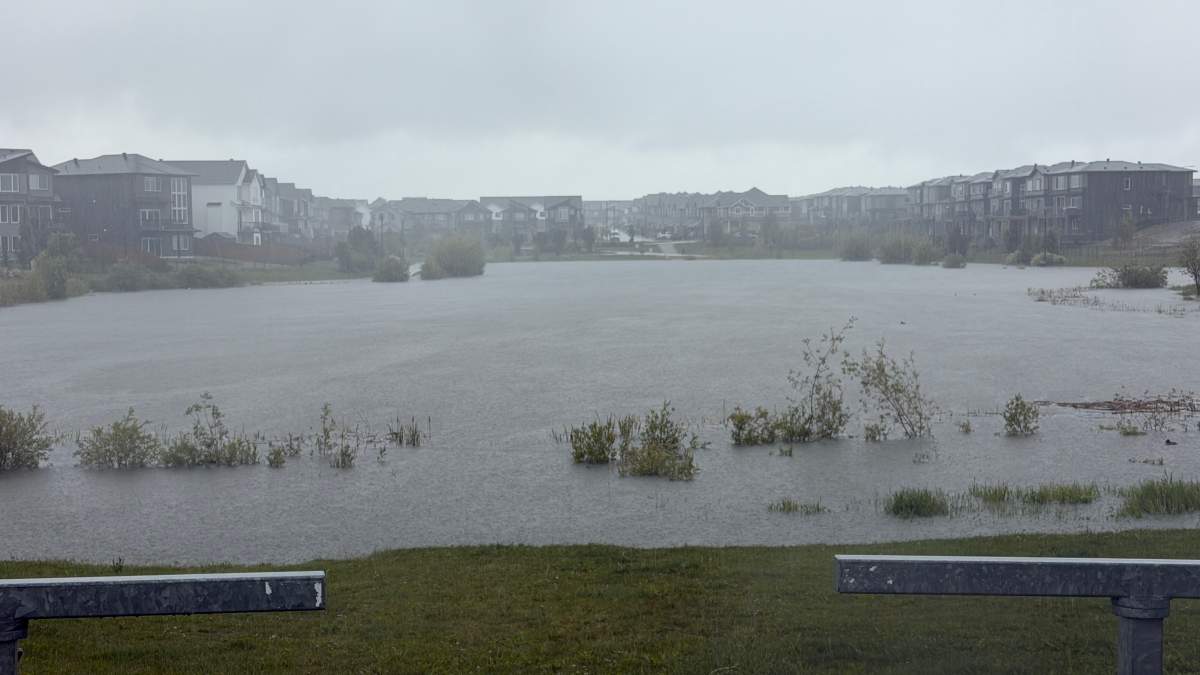 An overflowing stormwater pond in southwest Edmonton’s Keswick neighbourhood on Monday, June 22, 2026.