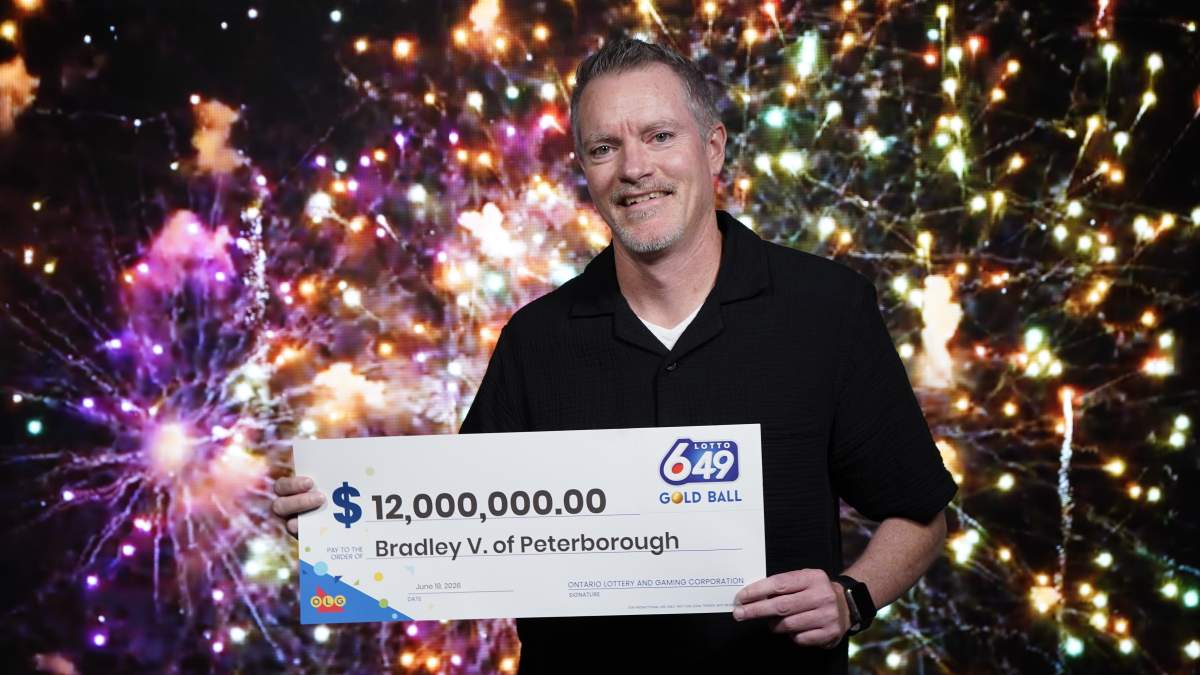 The OLG says Bradley V. of Peterborough, Ont., won the $12-million prize from the Lotto 6-49 Gold Ball draw held on June 6, 2026.