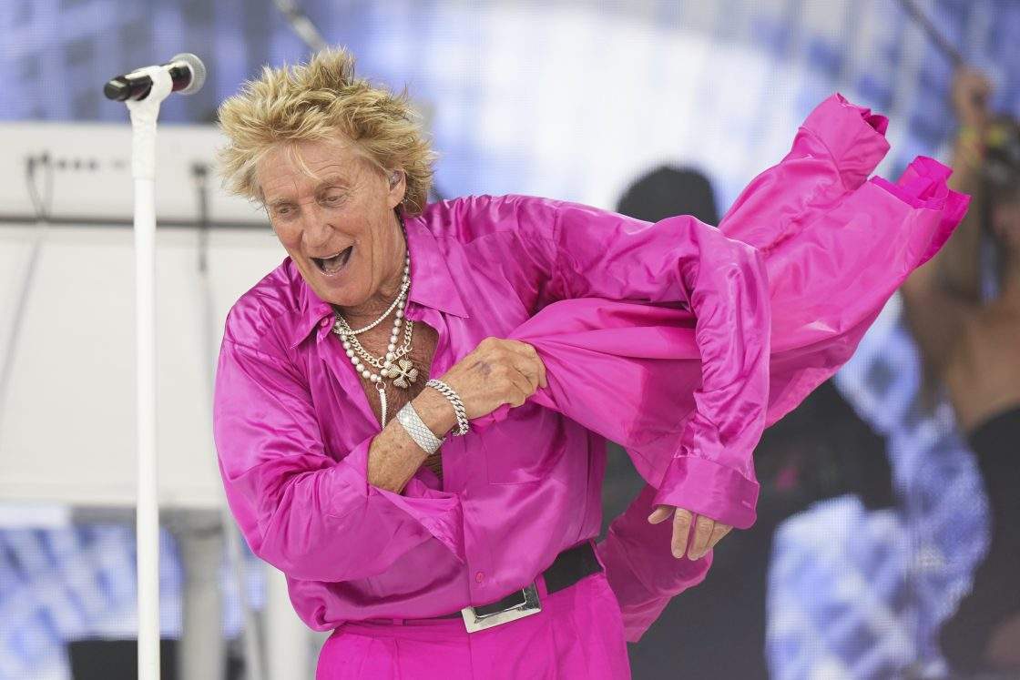 Rod Stewart performs during the Glastonbury Festival in Worthy Farm, Somerset, England, Sunday, June 29, 2025.