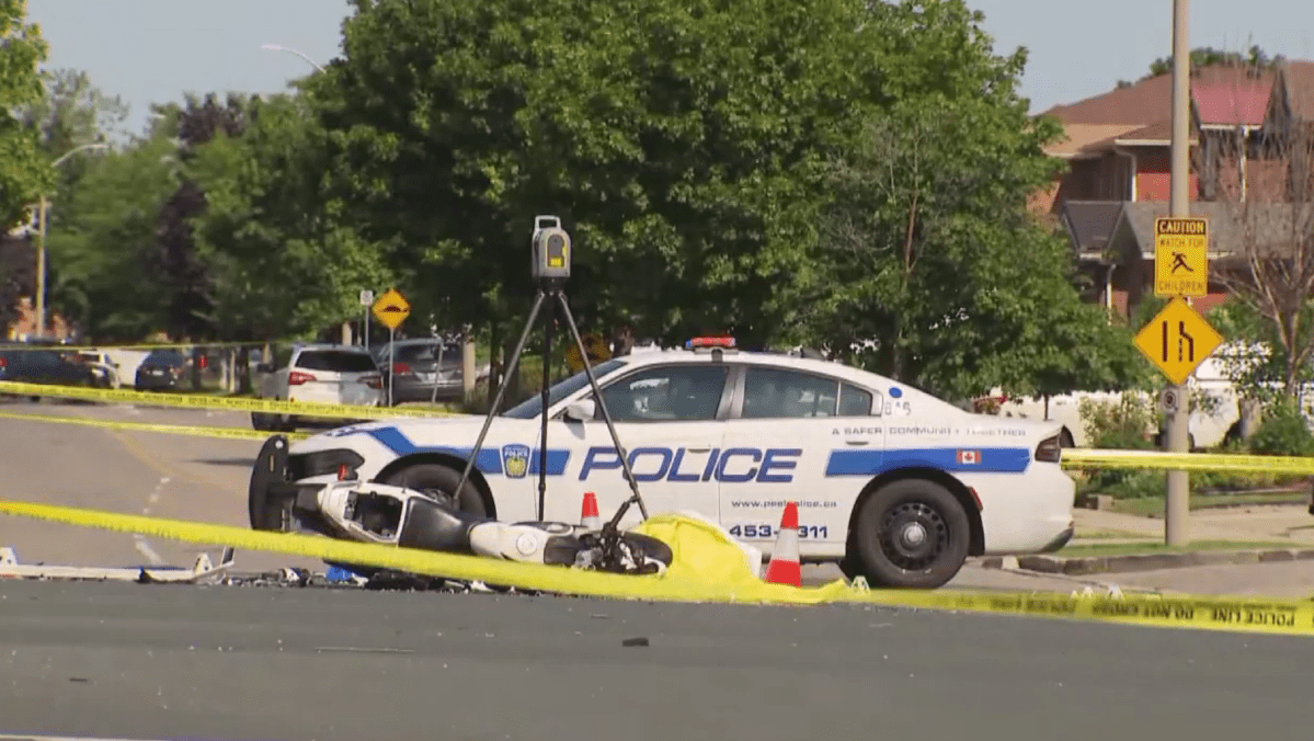 Peel Regional Police investigate a fatal collision near Bovaird Drive and Yellow Brick Road in Brampton on Saturday. A 21-year-old motorcyclist was killed in the crash.