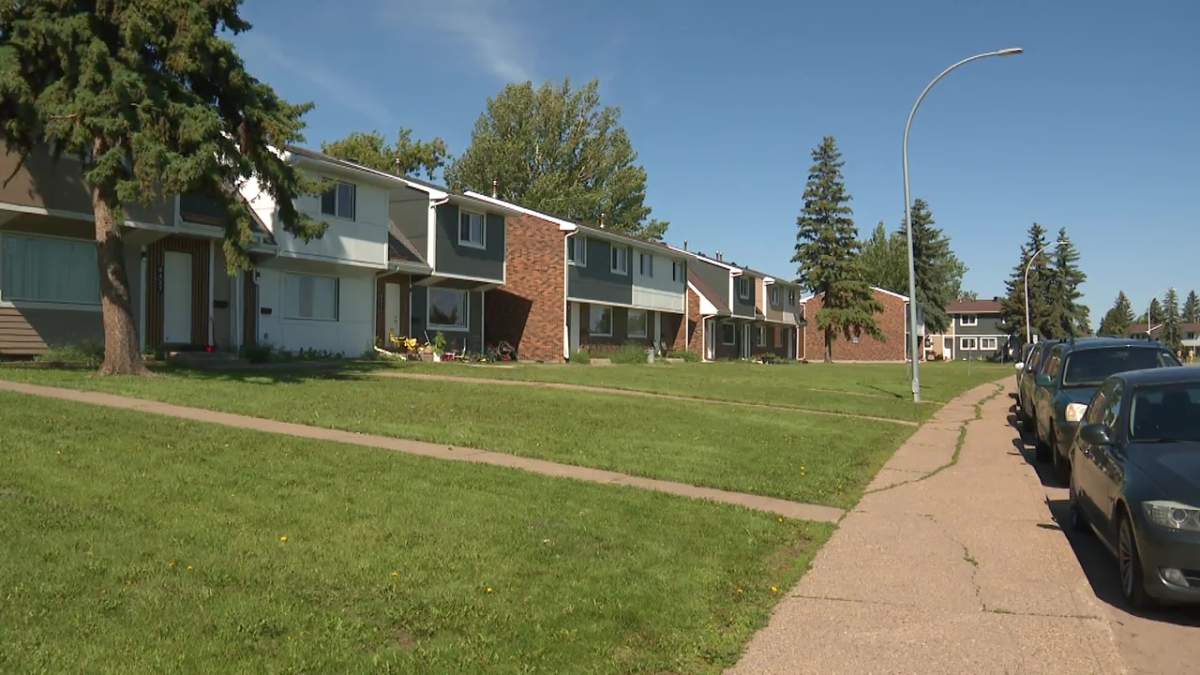 A row of affordable housing units in the Edmonton neighbourhood of Richfield, which were part of a renovation and refresh project to shore up existing units, pictured on Thursday, June 25, 2026.