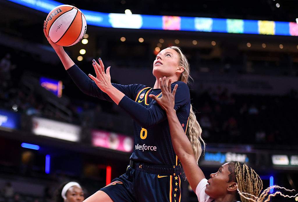 Sophie Cunningham #8 of the Indiana Fever shoots against the Nigeria National Team during the first half at Gainbridge Fieldhouse on May 02, 2026 in Indianapolis, Indiana.