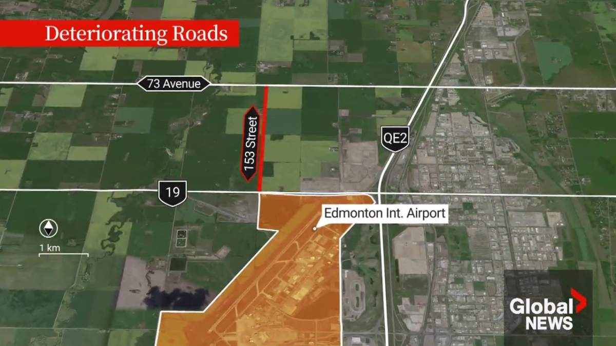 A map showing the problematic stretch of 153 Street, also known as Range Road 253, between 73 Avenue SW and Highway 19 in rural south Edmonton.