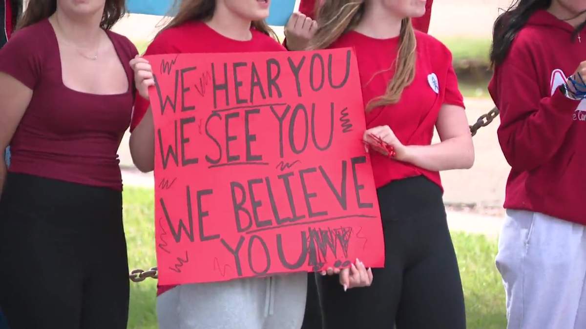 Camrose Composite High School students protest outside the Alberta school, dissatisfied with the school and police response to a series group chat messages depicting alleged musings of violent sexual assault and mutilation of girls in the community. Photo taken Wednesday, June 10, 2026.