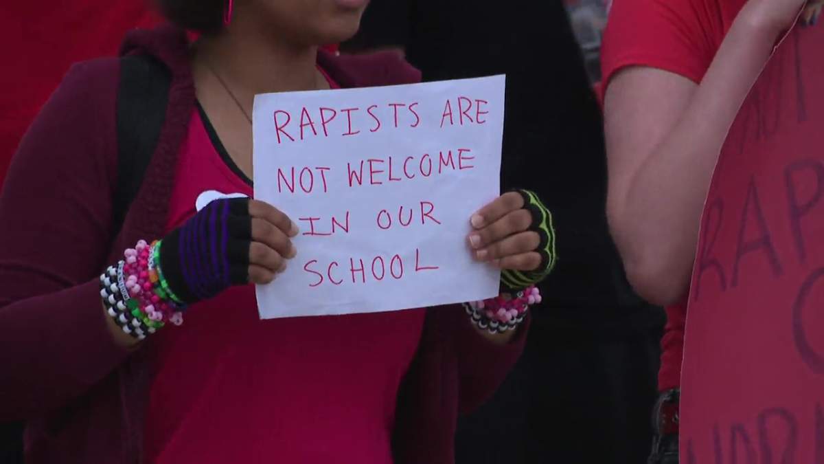 Camrose Composite High School students protest outside the Alberta school, dissatisfied with the school and police response to a series group chat messages depicting alleged musings of violent sexual assault and mutilation of girls in the community. Photo taken Wednesday, June 10, 2026.