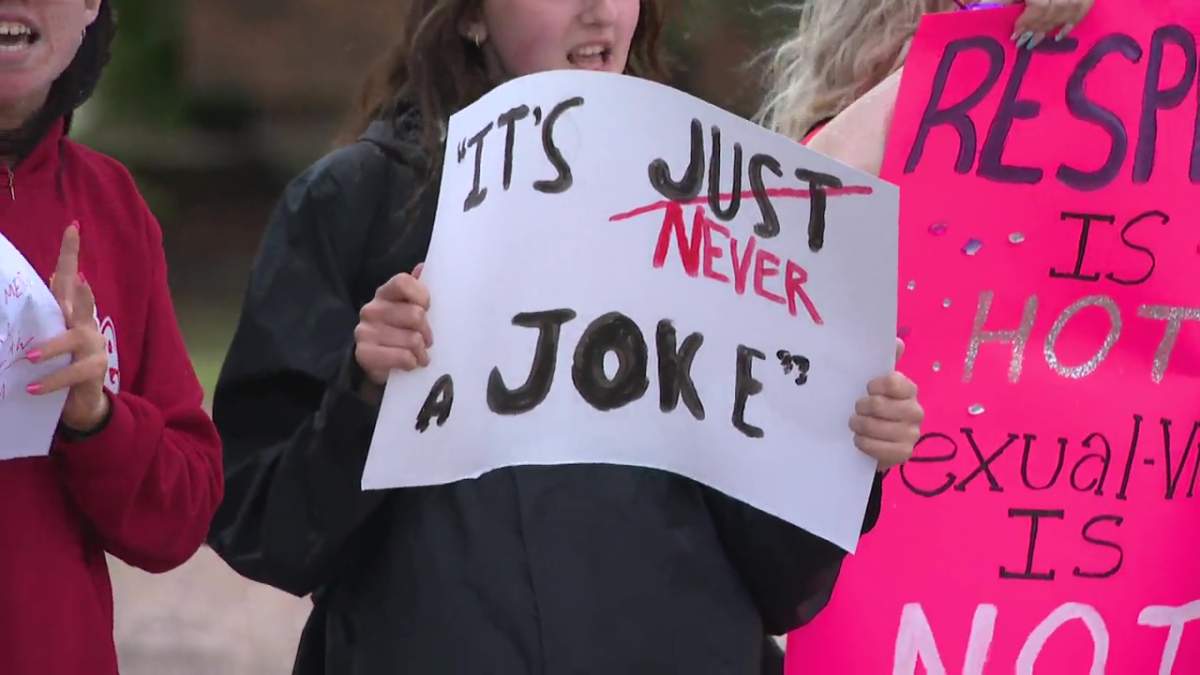 Camrose Composite High School students protest outside the Alberta school, dissatisfied with the school and police response to a series group chat messages depicting alleged musings of violent sexual assault and mutilation of girls in the community. Photo taken Wednesday, June 10, 2026.