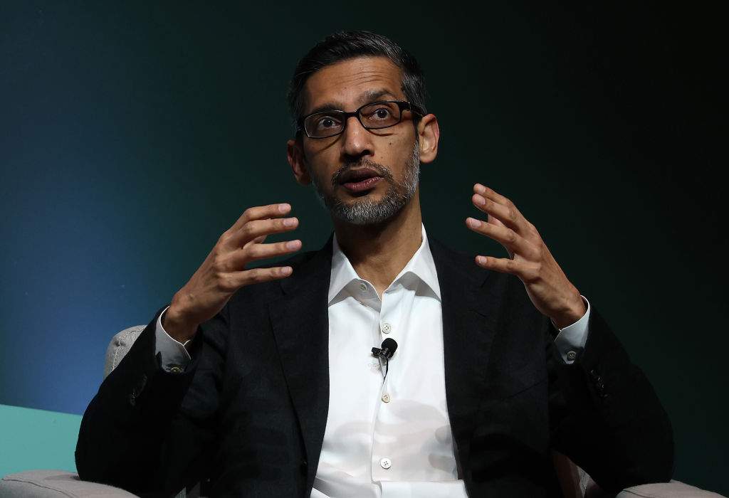 FILE: Google CEO Sundar Pichai speaks during the Stanford Business, Government, and Society Forum at Stanford University on April 03, 2024 in Stanford, California.
