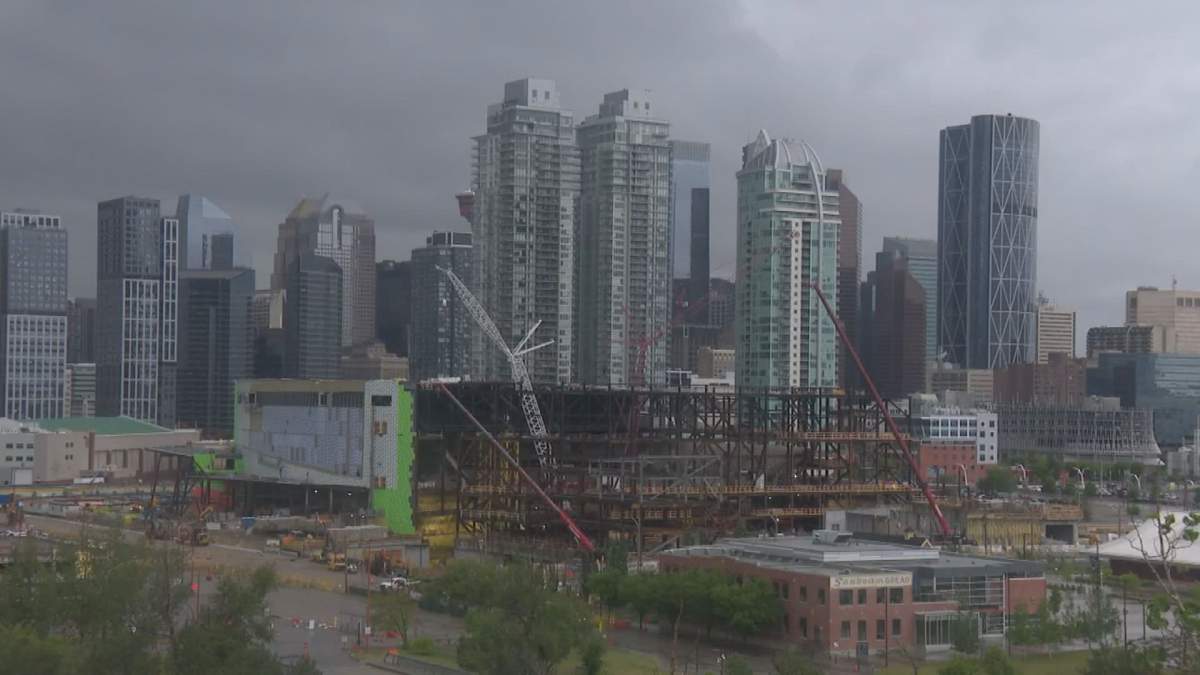 Looking west towards the Scotia Place site in Calgary's Stampede Park area shows the open side of the outdoor envelope -- which officials hope to finish in the coming months.