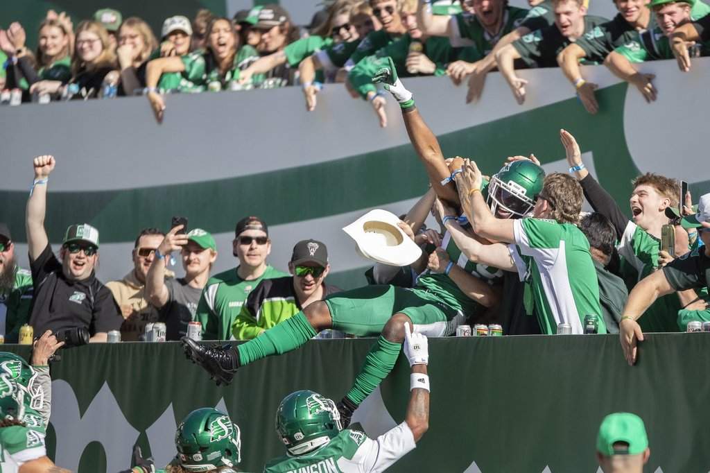 Saskatchewan Roughriders wide receiver Samuel Emilus (19) celebrates after scoring a touchdown against the BC Lions during first half CFL football action in Regina on Saturday, June 13, 2026. THE CANADIAN PRESS/Kayle Neis.