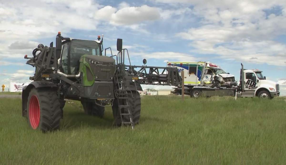Three people, including two paramedics, and a patient who was in their ambulance, were rushed to hospital on Tuesday following a crash between a tractor and an ambulance on Highway 9, near Beiseker.