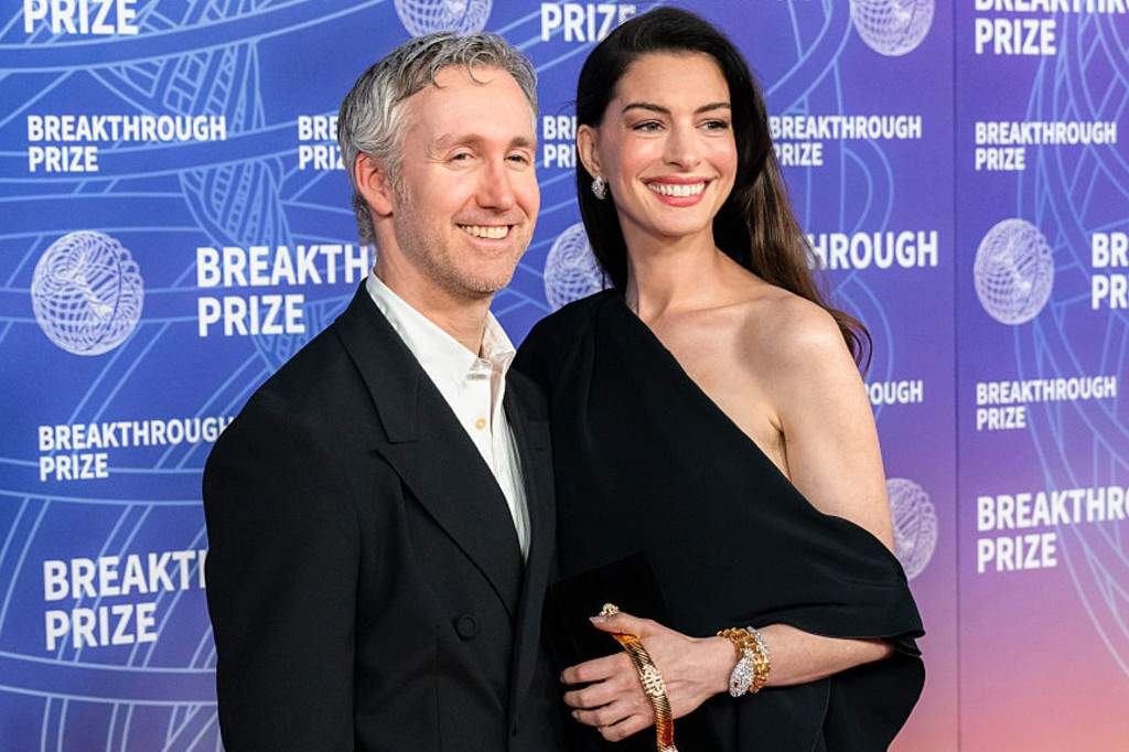 Adam Shulman and Anne Hathaway attends the 12th Breakthrough Prize Ceremony at Barker Hangar on April 18, 2026 in Santa Monica, California.