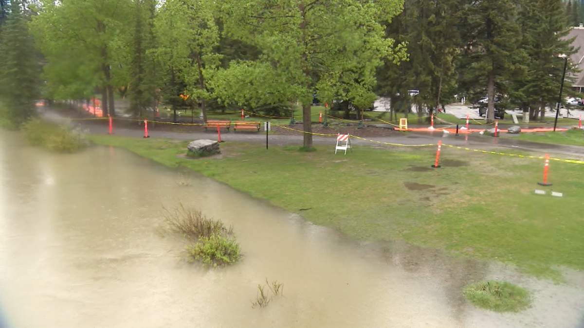 High river flow and rain pools in Banff.