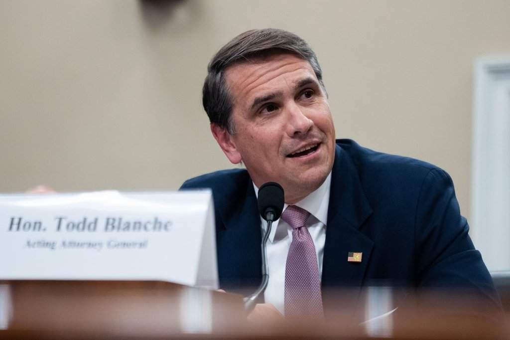 Acting Attorney General Todd Blanche testifies before the House Appropriations Committee, Tuesday, June 2, 2026 in Washington. (AP Photo/Allison Robbert).