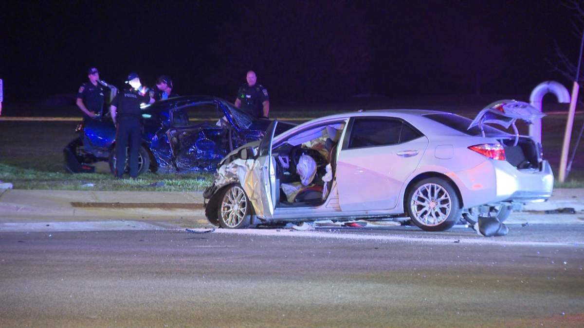 Two vehicles sit damaged in Brampton, Ont. on June 27 after a two-vehicle collision.