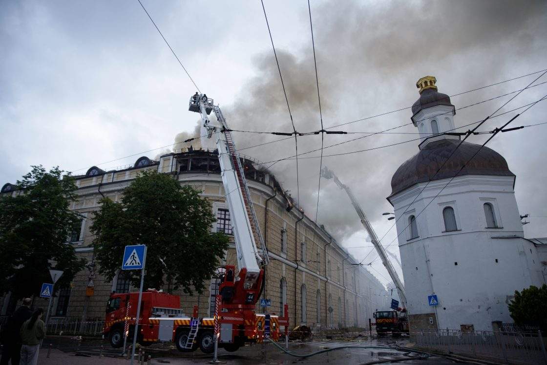 Firefighters use an aerial platform to extinguish a fire at the Mystetskyi Arsenal National Cultural, Art and Museum Complex, caused by a massive Russian combined attack, Kyiv, Ukraine, June 15, 2026.
