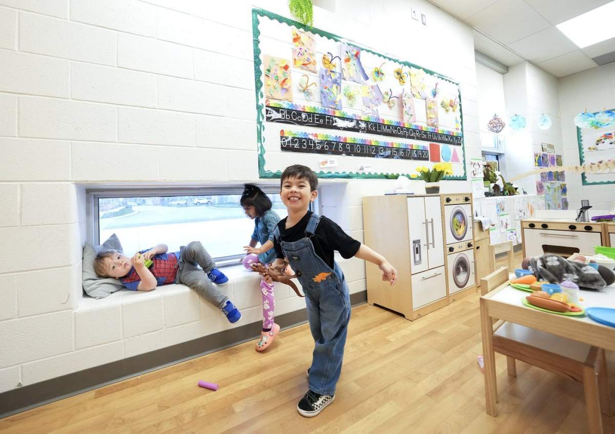 FILE - Children play at the Blessed Chiara Badano Child Care Centre in Stouffville, Ont., Friday, May 2, 2025. 