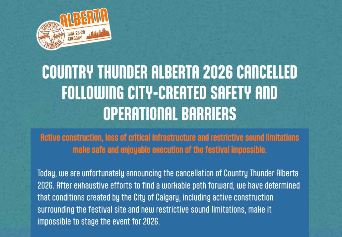 A notice posted on the Country Thunder website blames the city of Calgary for the cancellation of this year's festival.