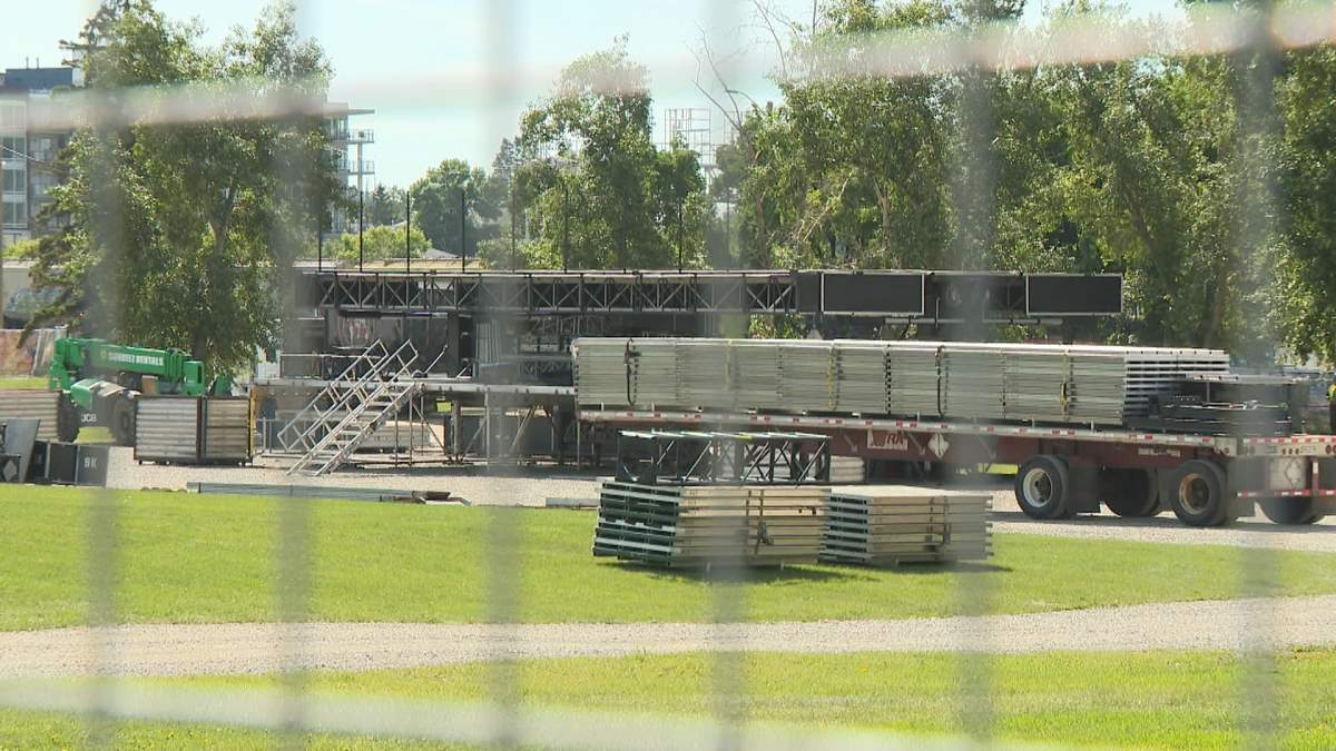 The dismantled stage of the Country Thunder Alberta 2026 music festival is seen at The Confluence (Fort Calgary) on Thursday, a day after organizers announced it was being cancelled.