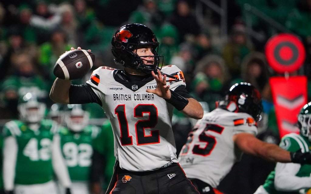 B.C. Lions quarterback Nathan Rourke (12) throws against the Saskatchewan Roughriders during the first half of CFL West Division Final football action in Regina on Saturday, Nov. 8, 2025. THE CANADIAN PRESS/Heywood Yu.