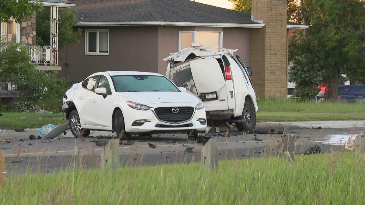 Calgary police said the injured woman was driving a vehicle that crashed into three parked vehicles.