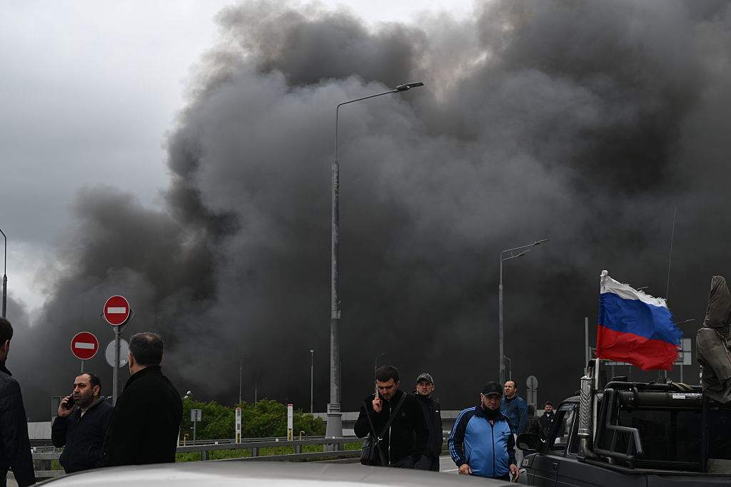 FILE: MOSCOW, RUSSIA - JUNE 18: Black smoke billows from the area of Gazprom Neftâs Moscow oil refinery, located on the southeastern outskirts of Moscow, on June 18, 2026, following what the Russian capitalâs mayor described as a large scale drone attack by Ukraine.