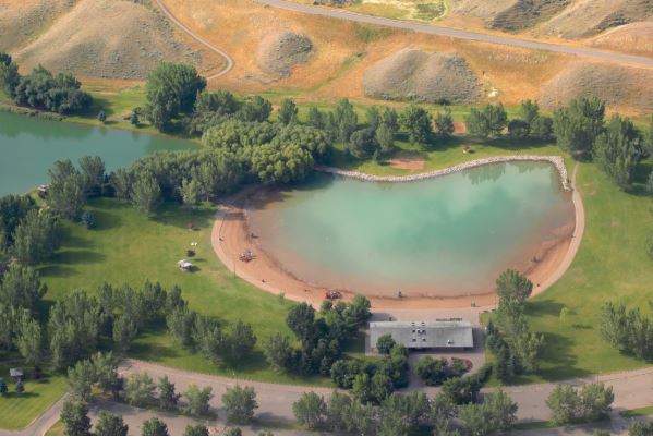 An aerial view of the swim lake at Echo Dale Regional Park in Medicine Hat.