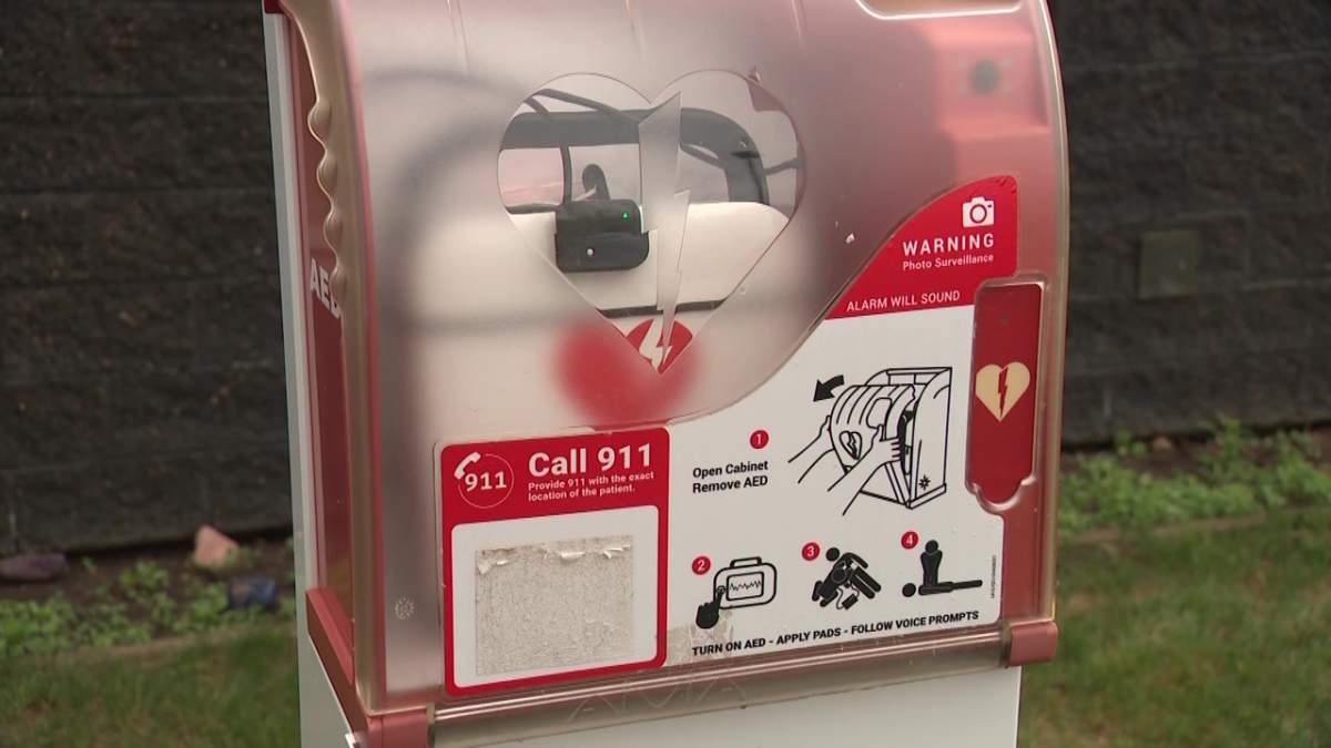 An automatic emergency defibrillator is pictured at Gus Wetter School in Castor, Alta. on June 3, 2026.