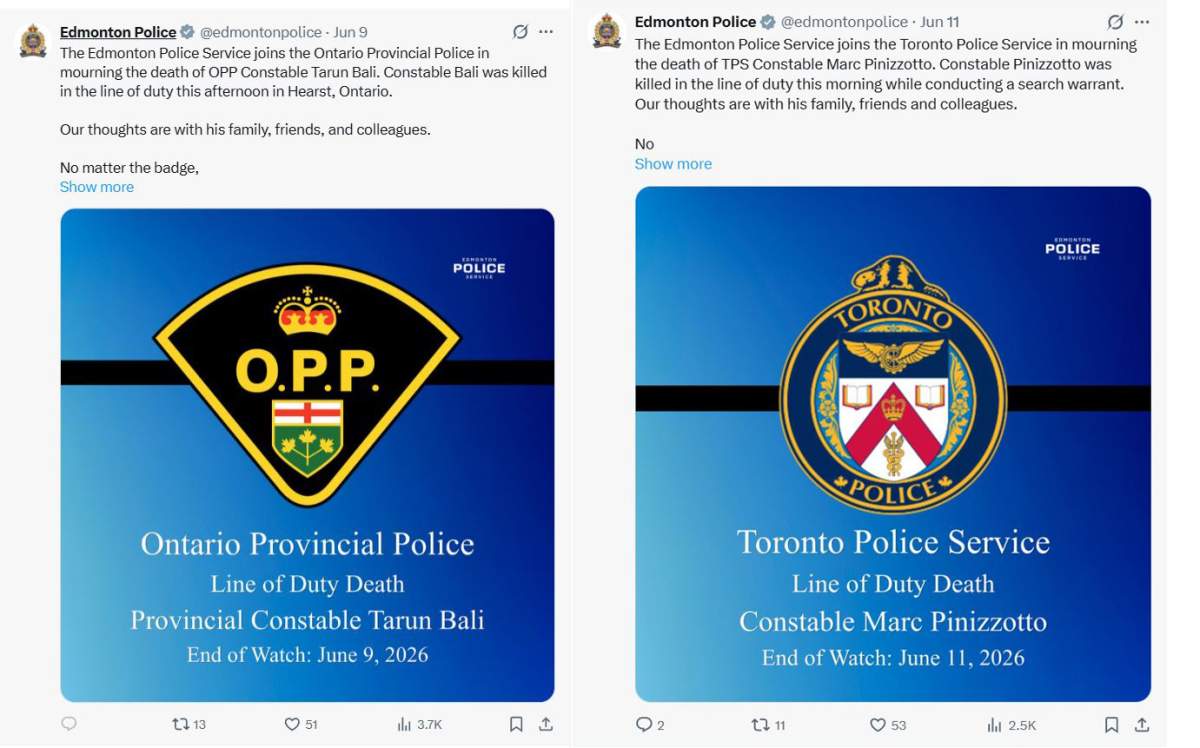 In a pair of tweets on social media, the Edmonton Police Service offered thoughts to the family, friends and colleagues of the two police officers who were slain in the line of duty in Ontario this week.