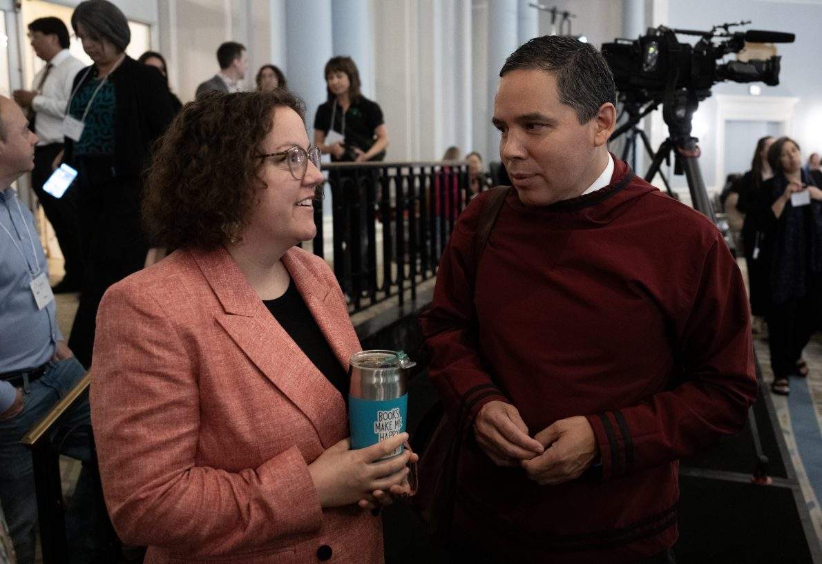 Inuit Tapiriit Kanatami President Natan Obed, right, speaks with Minister of Crown-Indigenous Relations Rebecca Alty before the session begins at an ITK Summit in Ottawa, Friday, June 19, 2026. 