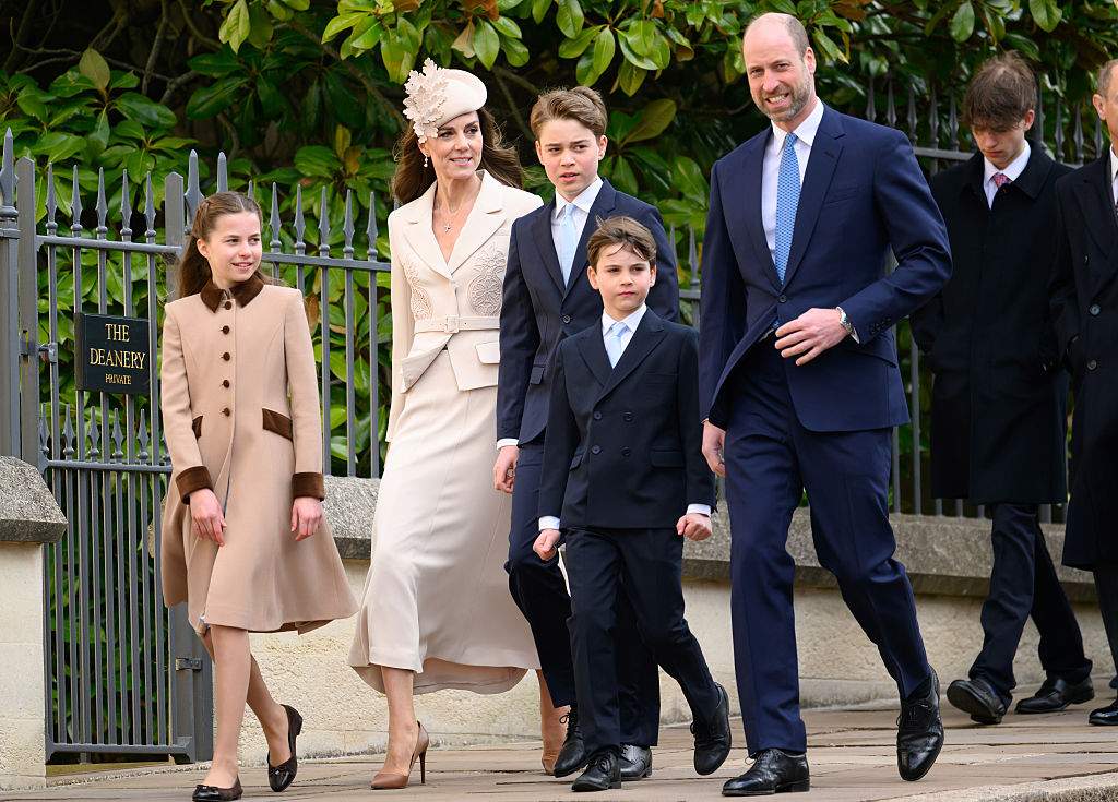 Princess Charlotte of Wales, Catherine, Princess of Wales, Prince George of Wales, Prince Louis of Wales and Prince William, Prince of Wales attend the 2026 Easter Matins Service at St George's Chapel on April 05, 2026 in Windsor, England.
