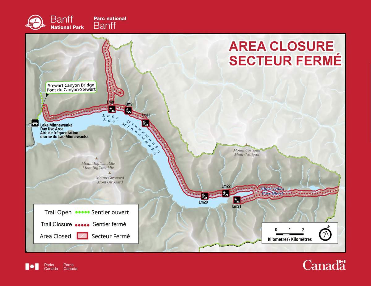 A map showing all the campgrounds and trails in Banff National Park that have been closed "until further notice" due to the bear activity.