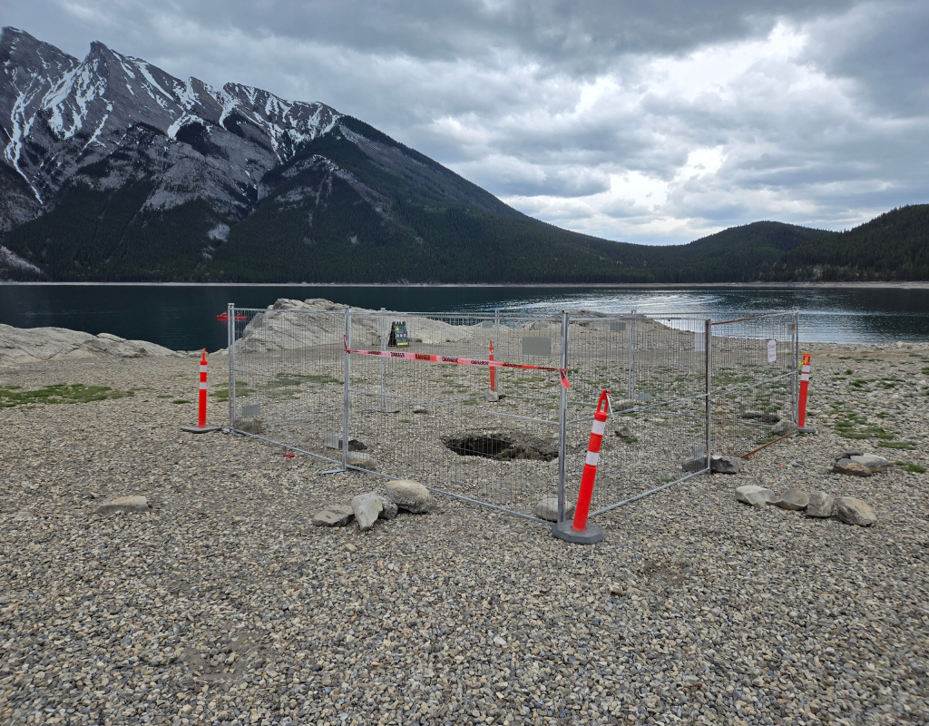 The site where a previously unknown underground structure was discovered in Banff National Park on the shores of Lake Minnewanka.