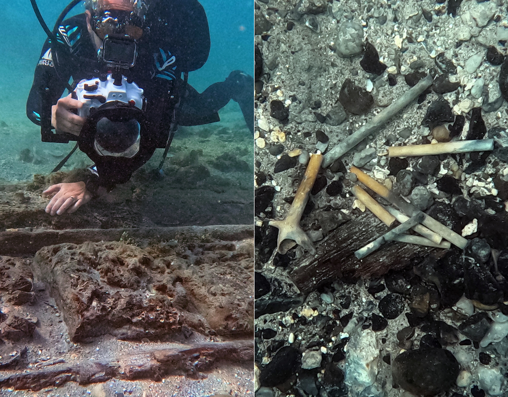 Left: The remnants of the hull of a pirate shipwreck. Right: Clay tobacco pipes found in the vicinity of the same wreck.