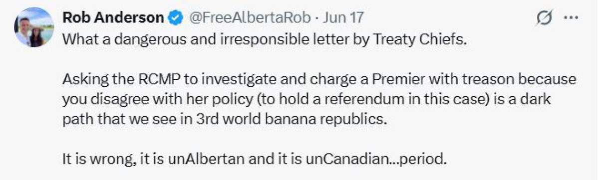 In a comment posted on social media, Rob Anderson, the Alberta premier's chief of staff compared the chief's demands for an treason investigation to something "we see in third world banana republics."