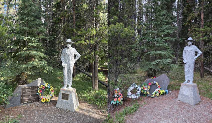 Photos provided by the Lake Louise RCMP show the Castle Mountain Internment Camp Memorial before and after the bronze plaques were stolen.