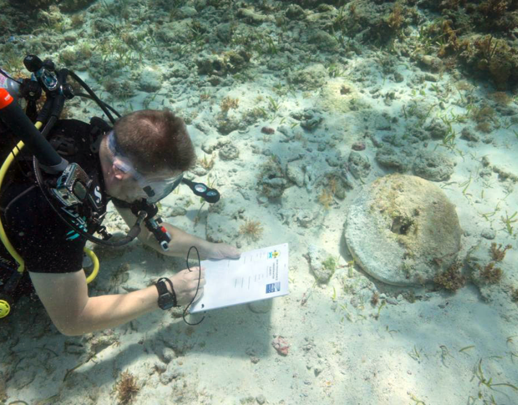 A stone sharpener discovered during the exploration of pirate ship wrecks off the coast of Nassau.
