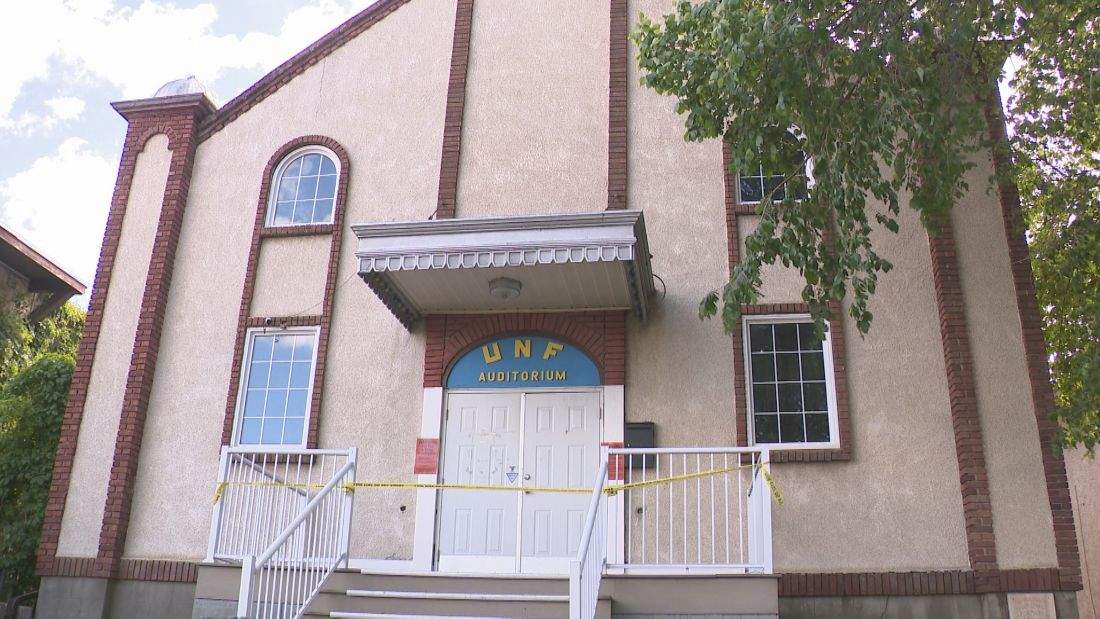 Caution tape was put around the doorway of the Regina Ukrainian National Federation's St. John Street location following a fire that police believe was arson.