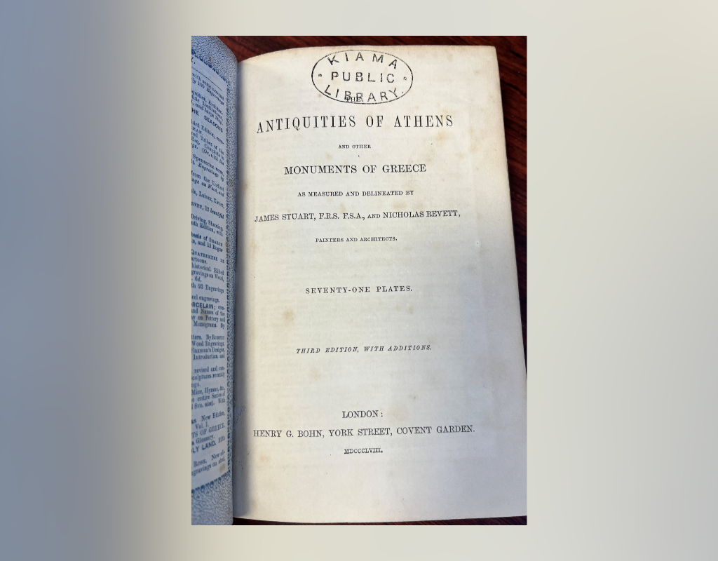 In this photo provided by Catherine Taylor a page of the book "Antiquities of Athens," stamped by a library, is shown on Thursday, July 30, 2026, after its return in Kiama, Australia, an estimated 150 years late.